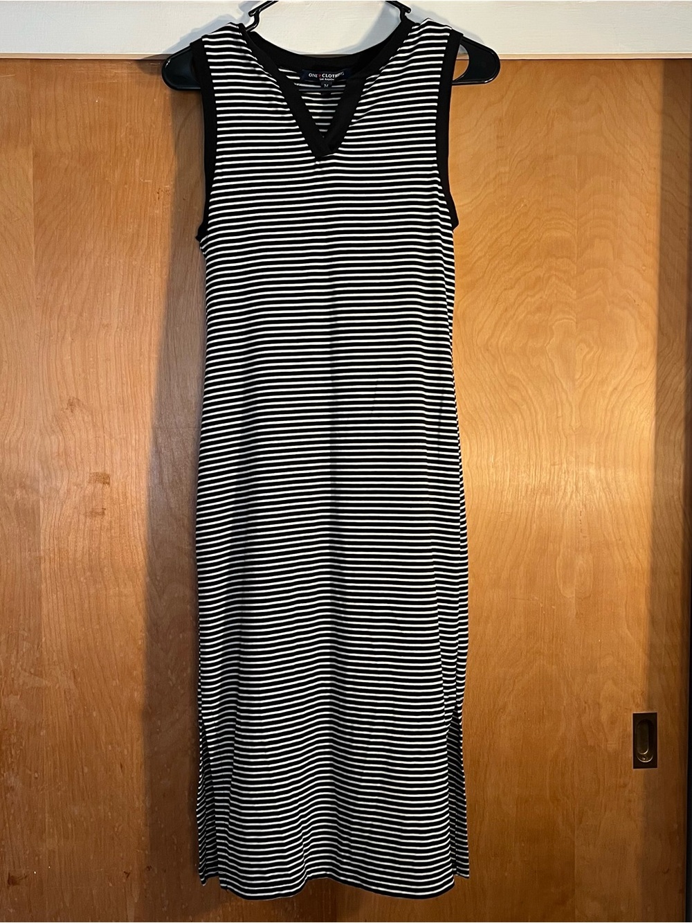 Sleeveless Black and White Striped Midi Dress with V-Neck Trim